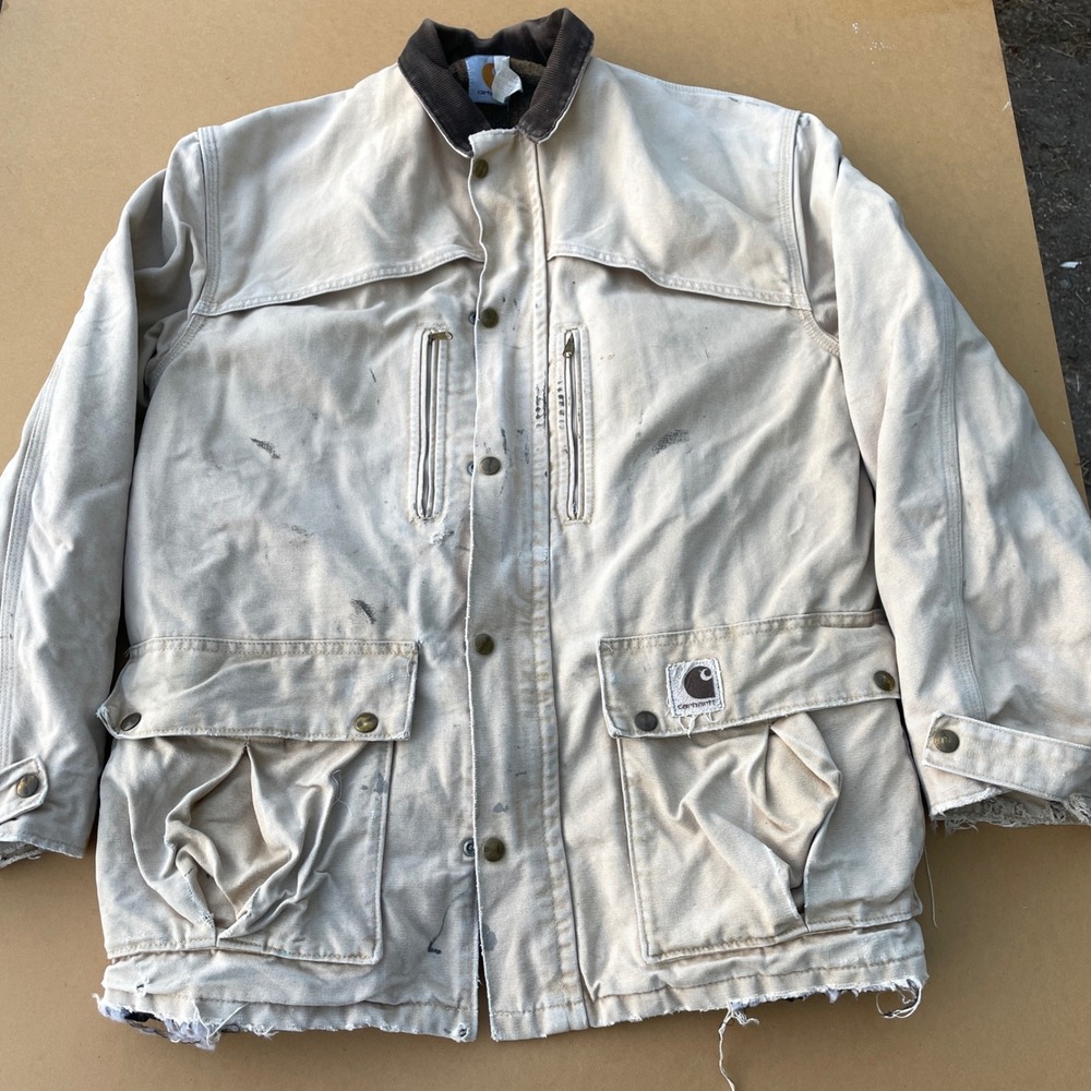 Carhartt Duck Canvas Coat Mens Medium Tan Workwear Distressed CB2595 Jacket